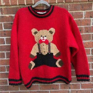 Vintage 90s Eve LTD Hand Knitted Teddy Bear Red Sweater Size 20W Large XL